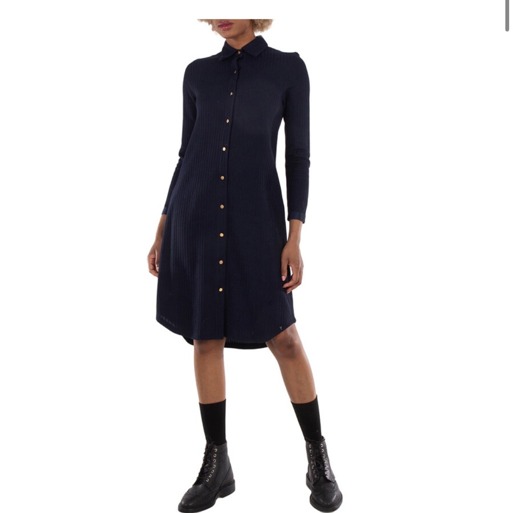 Thom Browne Navy Ribbed Button-Front Long-Sleeve Shirt Dress